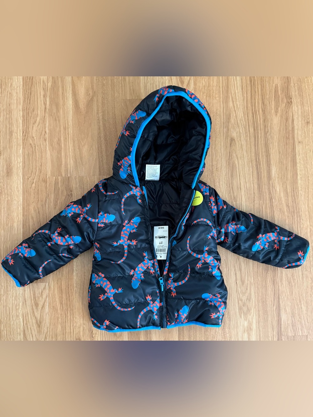 NEW Epic Threads Toddler Boys Gecko Print Reversible Puffer Coat-Black/Blue - 2T